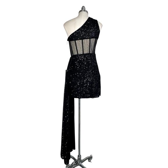 Mac Duggal One Shoulder Sequin Mini Dress Sheer Bustier Side Drape Black 20686 - Picture 6 of 16